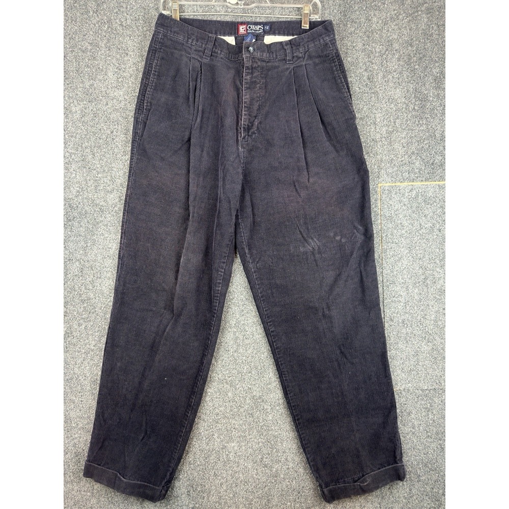 VTG 90s Chaps Ralph Lauren Navy Blue Corduroy Pants Size 33x32 Pleated Cuffed